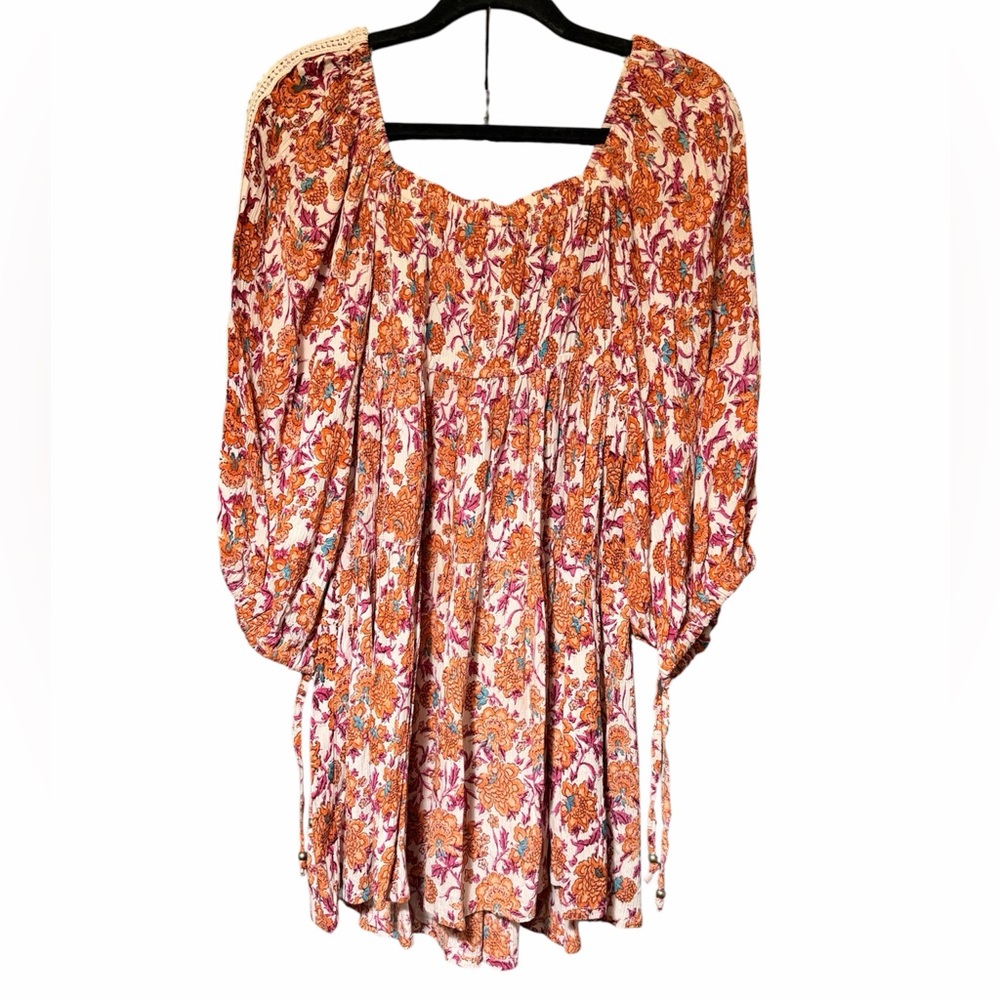 Angie Orange Floral Dress with Lace Detail 3/4 Sleeves Size Medium - Picture 2 of 4